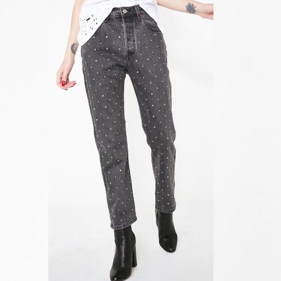 Levi's 501 Crystal Crop Jeans 28 Black Embellished High Rise Mom Jeans New NWT - Picture 1 of 8
